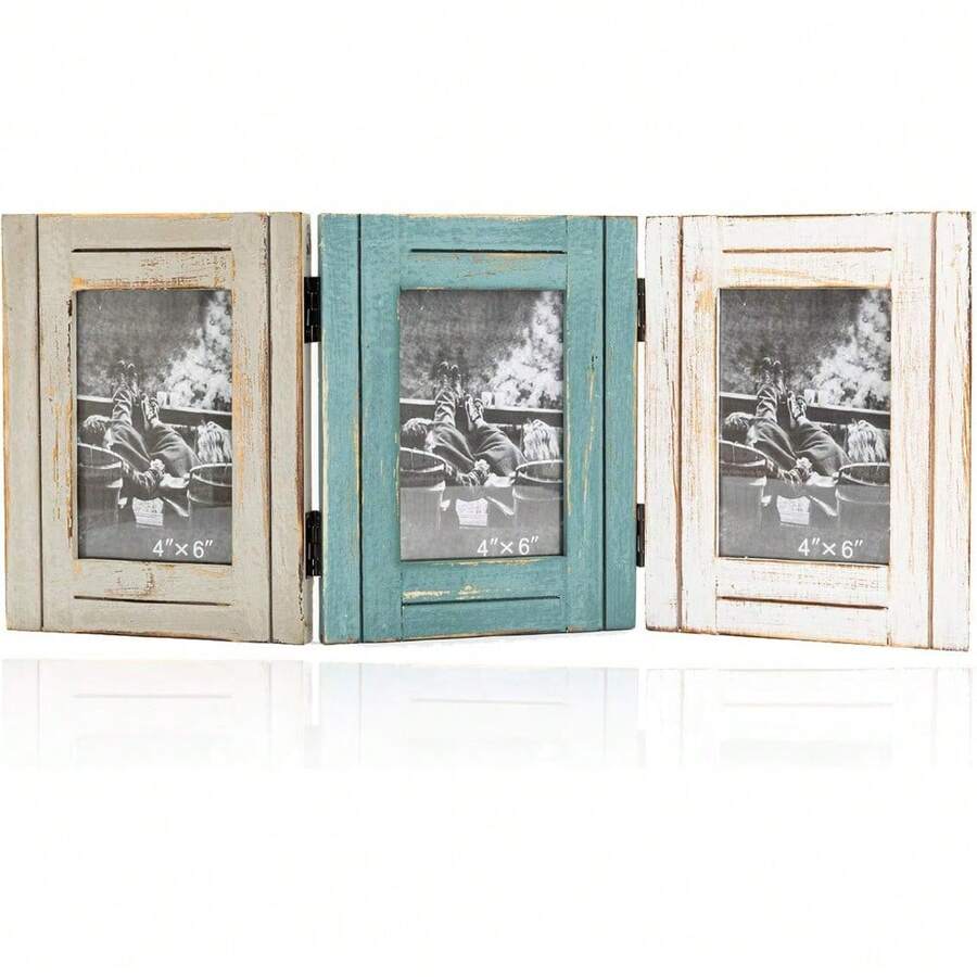 Triple Hinged 3 Picture Frame 4X6 Distressed Wooden Photo Frame For Tabletop Display Picture College Frame Holiday Christmas Home Decor - Trifold 4X6 - View 1