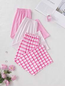 3 件套女士休闲 7/10 长度短裤，格子，条纹印花，松紧腰，宽松睡衣/家居裤 - 彩色 - 查看 3