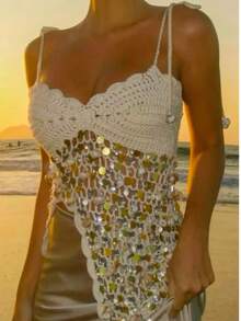 Women's Sequin Knit Crop Top Spaghetti Strap Sleeveless Sexy Low-Cut Irregular Hem Top For Summer Beachwear