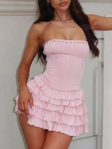 Women Y2K Strapless Short Dress Backless Tube Ruched Ruffle Mini Dress Floral Flowy Sleeveless Bodycon Sundress - Pink - View 3