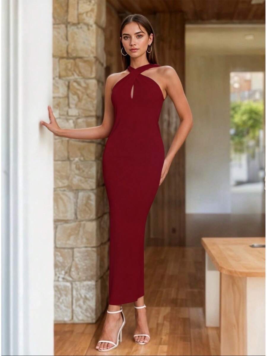 Vestido Largo Ajustado con Escote Cruzado y Abertura en Pecho para Mujer - Rojo violeta - Ver 1