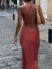 UREREM Vestido largo elegante de satén con un solo hombro, tirantes de espagueti y abertura lateral, de color liso - Burdeos - Ver 3