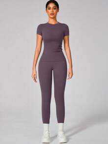 Women's Short Sleeve Top And Elastic Yoga Pants Set - Purple - View 8