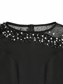 Women Elegant Full Sleeve Sparkling Pearls Rhinestone Birthday Evening Party Dress, Formal, Gown, For Wedding Guest - Black - View 5