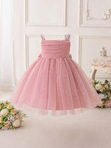 Elegant Sleeveless Pleated Mesh Backless Bow Dress For Young Girls, Suitable For School Dance, Birthday Party, Does Not Include Headband - 藕粉色 - 查看 5