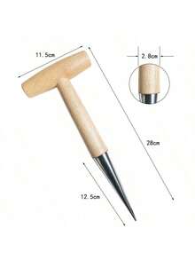 1pc T-Shaped Fertilizing, Seeding, Transplanting Garden Tool, Wooden Handle Gardening Hole Puncher, Color Based On Actual Wooden Handle - Beige - View 6