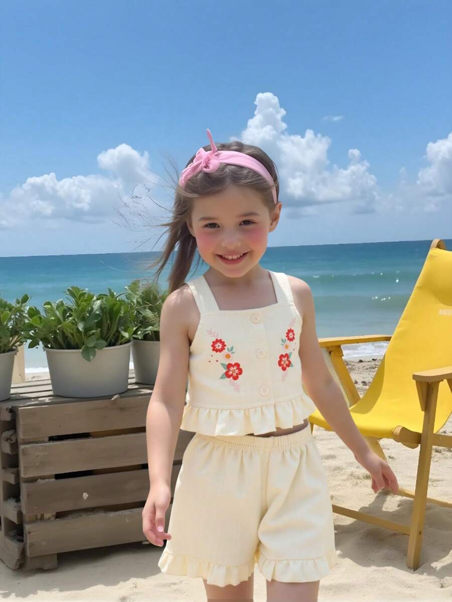 2pcs Young Girl Summer Outfit Set 2025 - Floral Print Camisole & Ruffle Hem Shorts