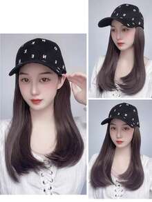 16 英寸长直发合成假发棒球帽接发帽假发黑棕色可调节女士假发