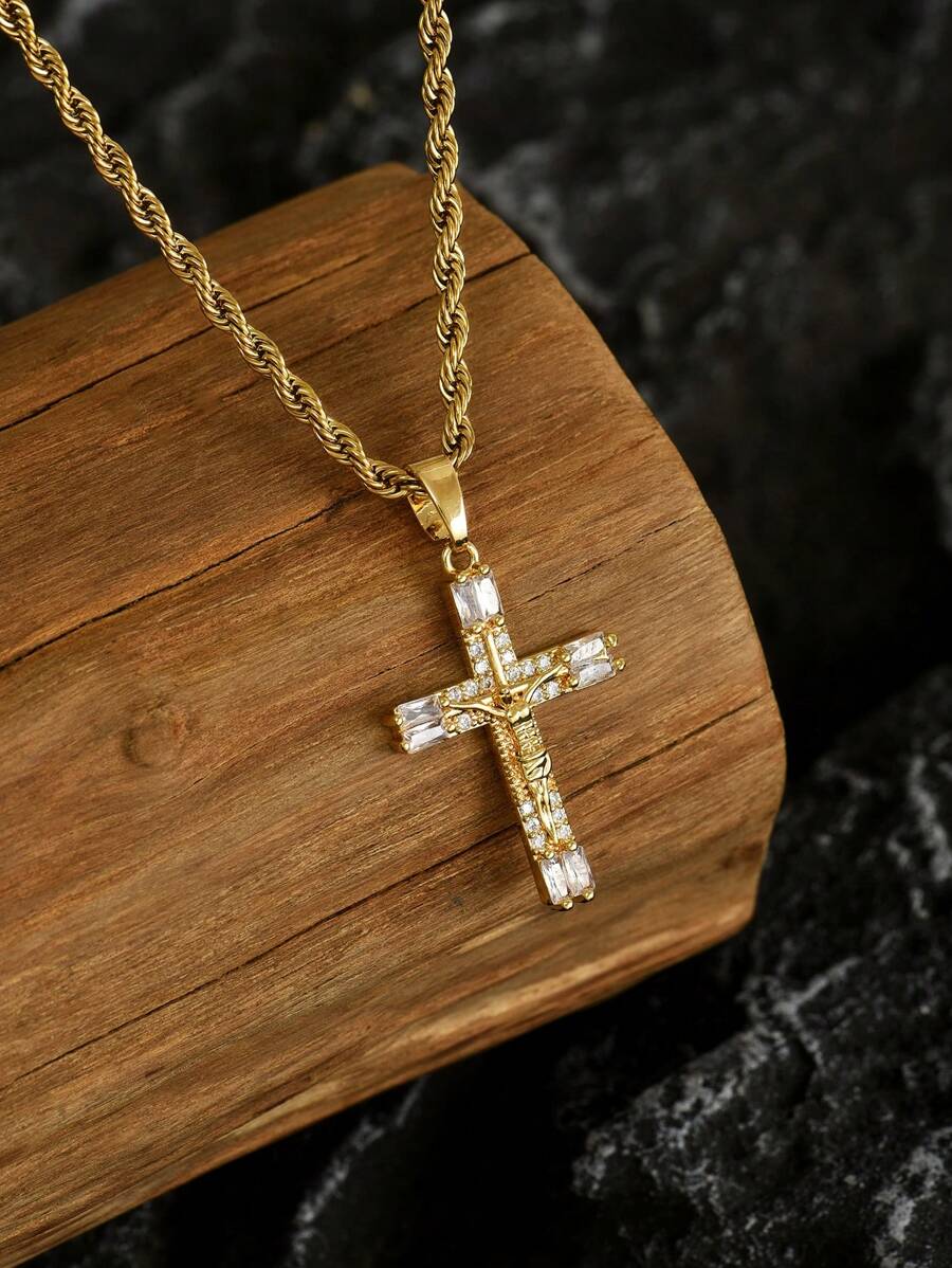 1 pieza de collar de hombre estilo vintage de acero inoxidable chapado en oro de 18k con colgante precioso de Jesucristo crucificado con circonita, collar de acero inoxidable chapado en oro estilo hip-hop europeo y americano con cruz dorada