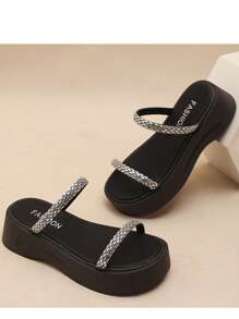 Women's Thick Sole Wedge Platform Sandals, Rhinestone Decorated For Beach, Vacation, Party, White Color