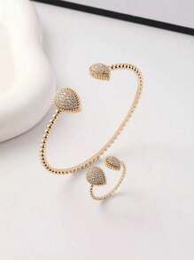1 set de brazalete de gota abierto y anillo simple para mujer, enchapado en oro de 18K
