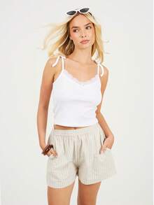 brave soul Tie Strap Vest With Lace Deail - White - View 3