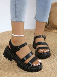 Damen Sandalen in Große Größen mit einfarbigem, dickem Absatz - Bequeme Sandalen mit dicker Sohle und offenem Zehenbereich, verstellbarem Riemen, rutschfester Gummilaufsohle - vielseitige Sommersandalen für Sport und Mode