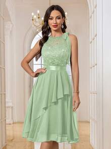 MIUSOL 亮片花卉蕾丝拼接露背派对礼服，适合生日、婚礼宾客、晚宴及其他场合。 - 薄荷綠 - 查看 7