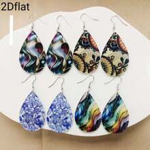 2D Flat Design. A Pair Of Teardrop - Shaped Earrings With Bohemian - Style Colorful Wavy Patterns And Blue - And - White Porcelain Patterns, Incorporating Elements Of Oil Paintings. Suitable For Parties And Music - Themed Occasions.