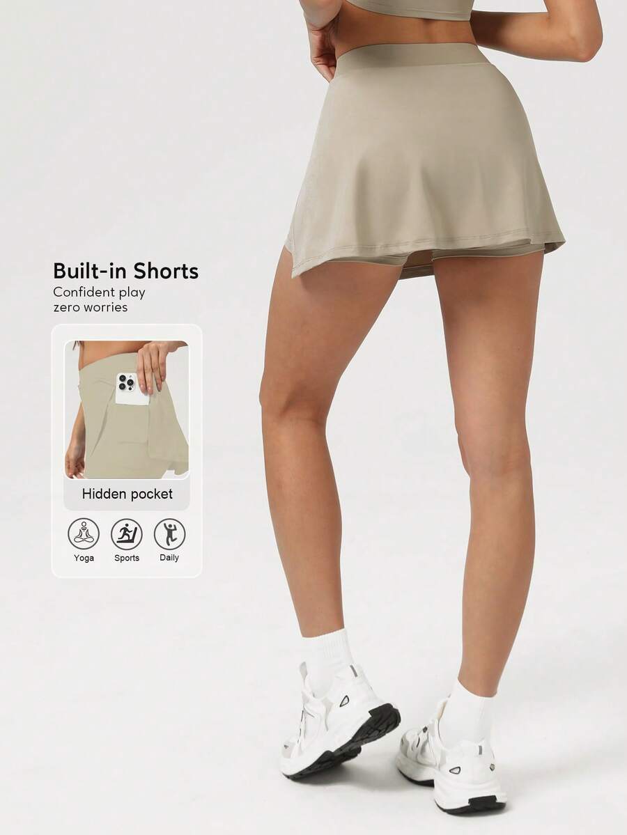 Sodalemon Women Elastic Waist Hidden Pockets Split Design Tennis Skorts Fitness Gym Training Sport Skirt - 杏色 - 查看 1