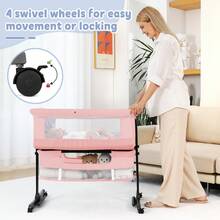 3-In-1 Baby Crib,Bedside Bassinet, Baby Bed With Storage Basket,Easy To Fold,6 Adjustable Height Portable Crib For Infant/Newborn,Baby Need,Baby Stuff - Pink - View 7
