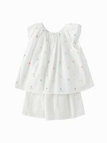 Balabala Girls' Short Sleeve Set Floral Shirt Two Pieces Set 2025 Summer New - White and Red - View 2