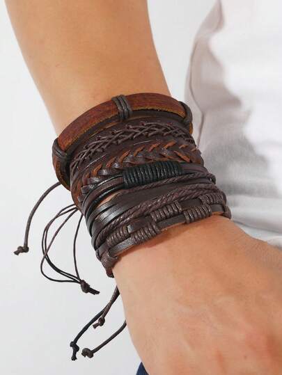 6pcs European & American Multi-Layer Leather Braided Bracelet Sets For Men, Minimalist Fashion Accessories Suitable For Daily Wear, Gift For Friends & Family
