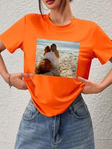 Customized Sports Personalized Gifts, Customized Women's T-Shirts, Add Photos (Selfie/Landscape/Family Portrait/Friends/Couples/Patterns/Pets, Etc.), Design Your Exclusive Personalized Printed T-Shirt As A Gift. - Orange - View 2