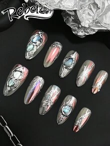Long, Versatile Almond-Shaped Press-On Nails In Mixed Greens - Durable Metal Finish Perfect For Trendsetters, Easy To Apply For Parties And Daily Wear,DIY, Halloween Nails,Reusable Nail Supplies For Girls, Ladies In Wedding, Party, Holiday Scenes, Gift A Set Of Nail Kit - Multicolor - View 4