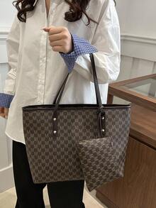 （带零钱包的钱包）新款时尚女士大容量全身印花设计字母图案装饰设计双手柄手提包适合工作和通勤、书包、大容量、便携、经典休闲、商务休闲、适合少女、女大学生、白领、适合工作、返校、中学、高中、大学、度假、时尚手提包带拉链