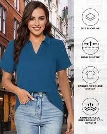 Polo Shirts For Women, V-Neck Business Casual Tops For Women, Summer Lapel Collar Tunic Tops Short Sleeve Work Blouses - 海軍藍 - 查看 3