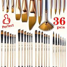 Set de 36 piezas de pinceles profesionales de artista - Pinceles de mango de madera versátiles para pintura al óleo, acrílica, acuarela - Desde trazos finos hasta amplios, pinceles para lienzo, de vuelta a la escuela, útiles escolares - Multicolor - Ver 4