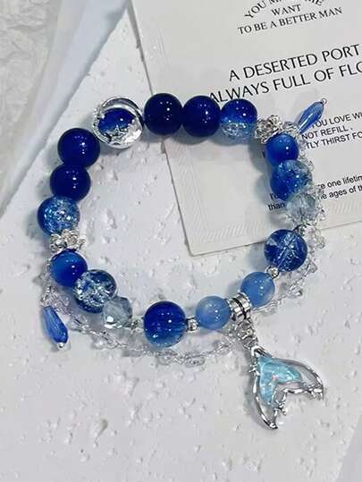 1 件海洋风格海军蓝美人鱼尾巴，星球玻璃串珠手链，优雅精致的串珠手链适合女性日常、约会、派对、情人节送给女朋友、朋友的礼物