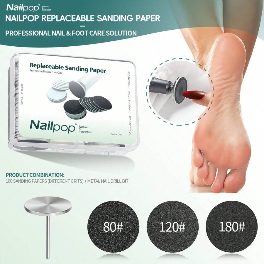 100pcs 25mm/0.98in Replaceable Sandpapers With Stainless Steel Metal Nail Drill Bits, For Foot And Nail Care, Grit Sizes: #80, #120, #180