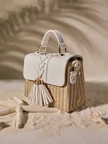 Tropiscape Borsa intrecciata con nappe, borsa a tracolla da donna con patta in patchwork a contrasto di colore, tracolla in corda, borsa di paglia, borsa da spiaggia di paglia, necessità da spiaggia, articoli essenziali da spiaggia, articoli da spiaggia e articoli essenziali estivi, borsa di vimini, borsa da viaggio estiva, borsa da spiaggia, perfetta per l'estate, le vacanze e l'uso quotidiano, articoli da viaggio essenziali, vibrazioni da vacanza, vacanza, relax, spiaggia, autunno, Natale, regali di Natale - Bianco - Visualizzare 3