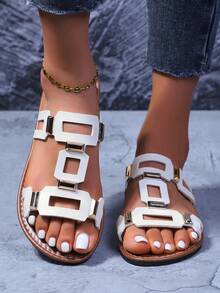 Women Stripe Sandals, Elegant Colorful Flat Sandals, Casual Bohemian Beach Sexy Crossover PU Leather Footwear, Suitable For Beach, Wedding, Office Party, Home & Outdoor Wear In Summer - White - View 5