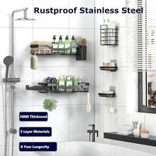 Shower Caddy Adhesive Shower Organizer 7-Pack, Rustproof Stainless Steel Bathroom Shelves, Large Capacity No-Drill Rack Storage Accessories With Soap Dish Toothbrush Holder &24 Hooks Home Decor - 黑色 - 查看 6