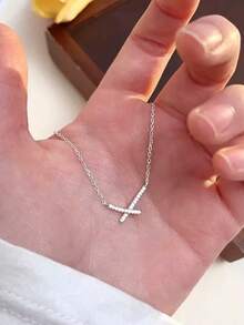 1pc Fashionable Geometric Line Design Pendant Necklace, Suitable For Women's Daily Wear - Silver - View 1