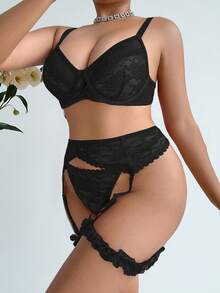weiweihu Five-Piece Women's Large-Sized Lace Sexy And Erotic Lingerie, Thong, Garter, Leg Band, Steel  Sexy Lingerie  Ring, Lace Patchwork, Cutout And Transparent, The Ultimate Temptation - 黑色 - 查看 3
