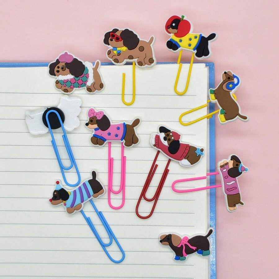 4pcs/6pcs/10pcs Cartoon Sausage Dog Series Cute PVC Soft Gel Bookmark Clips, Creative Decoration & Storage Clips, Random Delivery,Back To School - Multicolor - View 1