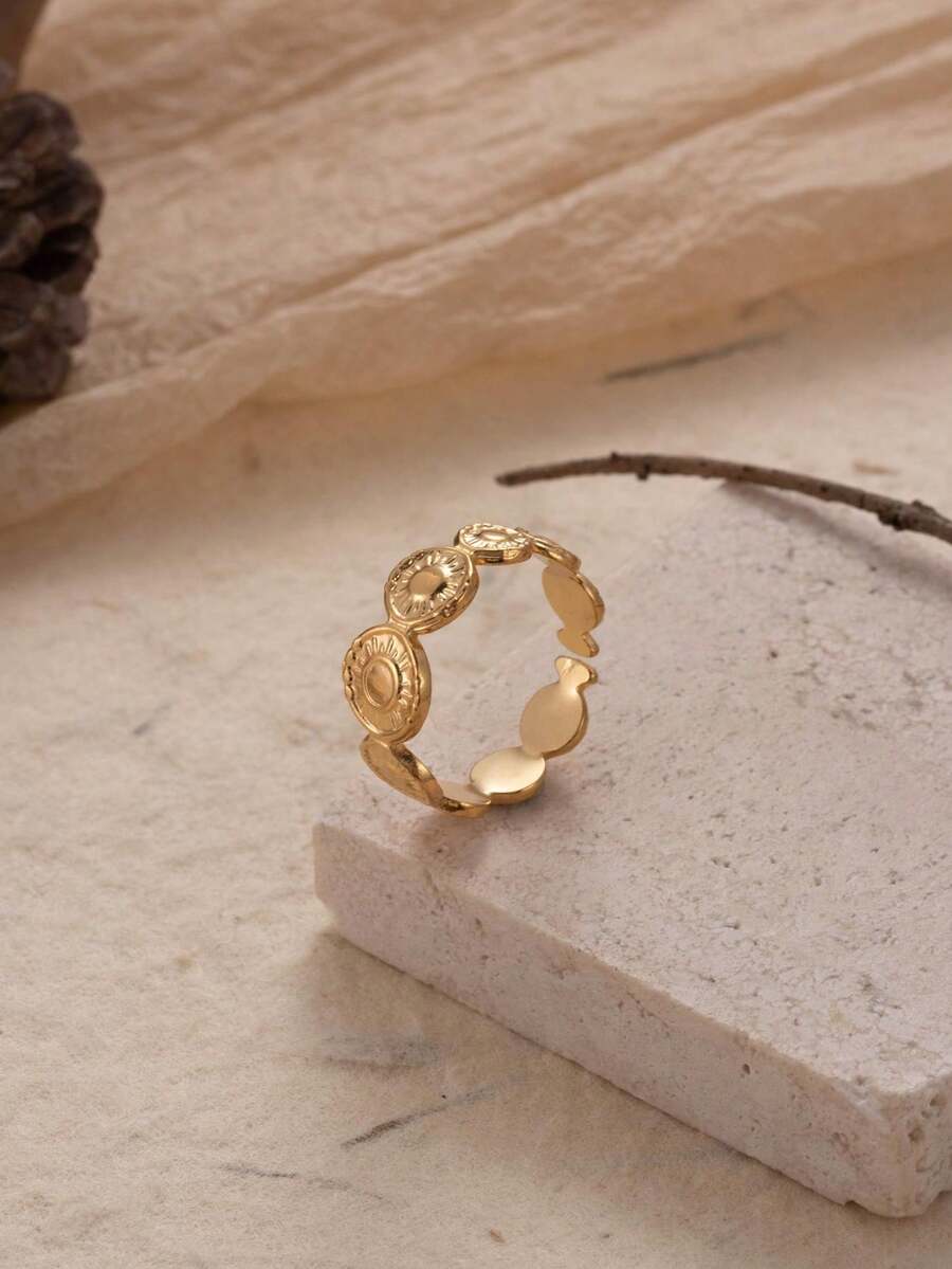1pc Vintage Style Stainless Steel Coin Adjustable Open Ring - Yellow Gold - View 1
