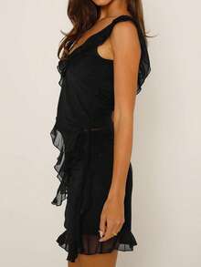 Women 2 Piece Mini Skirt Set Sleeveless U Neck Backless Irregular Hem Vest Ruffled Short Skirt Summer Y2K Going Out Outfit - 黑色 - 查看 6