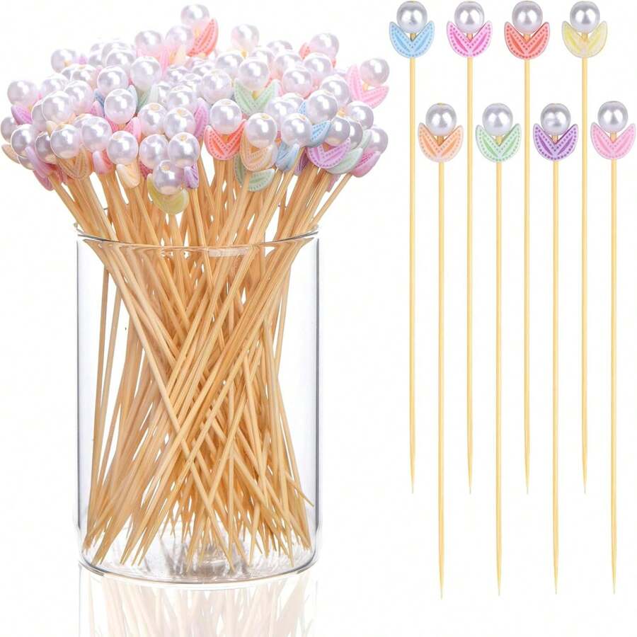 [Quantity Options] Bamboo Flower Bud Mixed Color Decorative Bamboo Skewers, With Flower Top, Simple Ins Style, For Hamburger, Fruit, Food Decoration, Party, Wedding, Back To School, Gathering, Gift, Healthy Handling Of Food