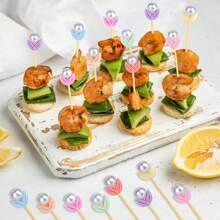 [Quantity Options] Bamboo Flower Bud Mixed Color Decorative Bamboo Skewers, With Flower Top, Simple Ins Style, For Hamburger, Fruit, Food Decoration, Party, Wedding, Back To School, Gathering, Gift, Healthy Handling Of Food