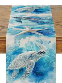 1pc Ocean Theme Turtle, Shell, Coral, Lighthouse Printed Table Runner, Kitchen Dining Room Decor, Holiday Decorative Table Runner, Home Party Decor, Home Decor, Scenic Decor, Outdoor Dining Table, Coffee Table Decorative Flag