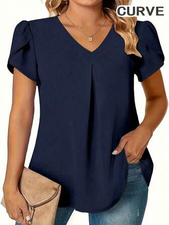 Plus Women's Solid V-Neck Petal Short Sleeve Blouse Tops