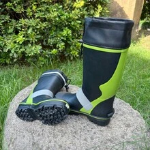 Unisex Rain Boots, Black & Green, Outdoor Fishing Shoes, Tall Rain Boots, Steel Studded Wellies - Black - View 7