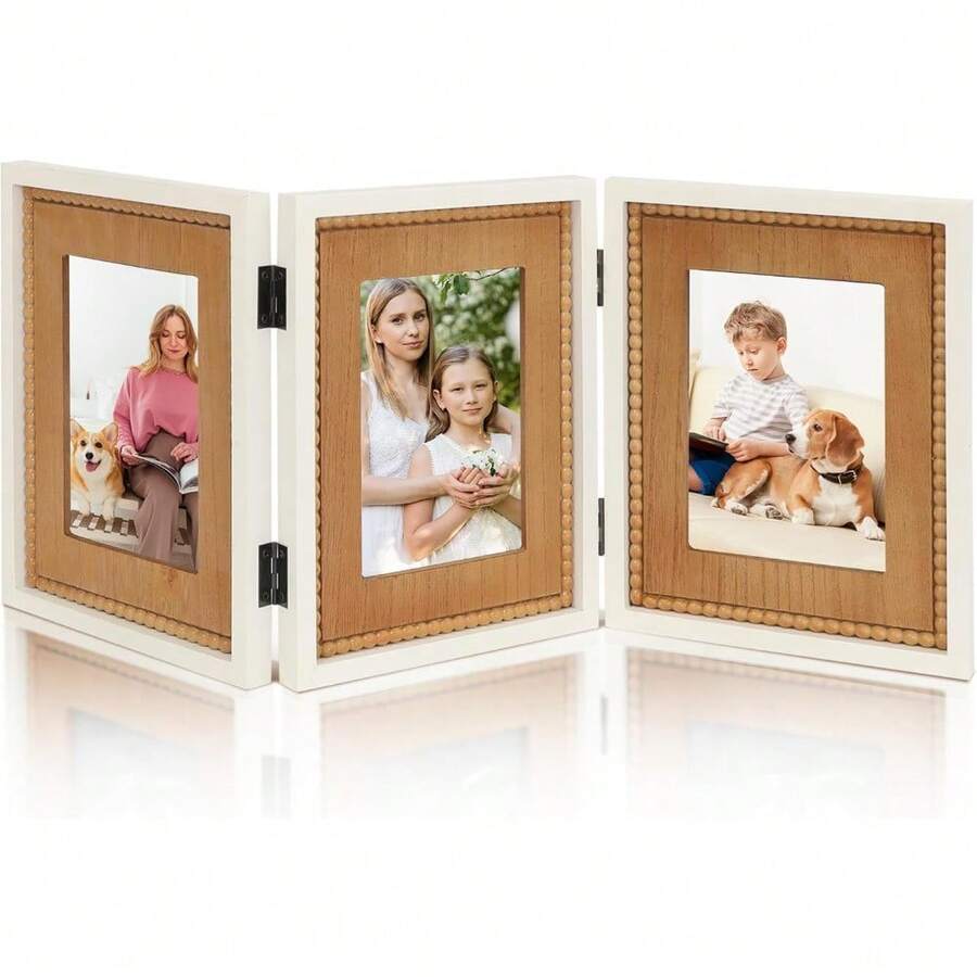 Triple Hinged 3 Picture Frame 4X6 Distressed Wooden Photo Frame For Tabletop Display Picture College Frame Holiday Christmas Home Decor - White Boho 4*6 - View 1