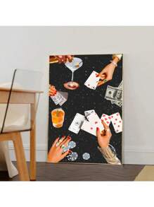 1 pezzo Dipinto su tela con stampa vintage di carte da gioco, arte murale vintage con carte da poker e bicchieri, cartellone vintage ideale per decorazioni di carrelli bar, decorazioni per la casa, regali per feste e compleanni, decorazioni per ufficio. Opzione di cornice per l'opera d'arte.