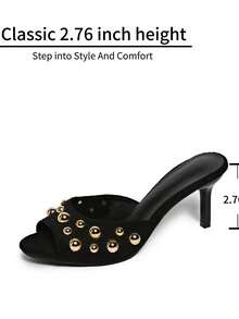 SHEIN ICON Black Rivet Decor High Heel Sandals, Women 2025 New Fashion Elegant Versatile Stiletto Slip-On Mules - Black - View 7