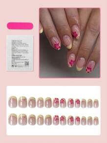 24pcs Short Classic French Yellow Border Red Flower Design Fresh, Beautiful, Sweet And Cute Oval Nail, Beautiful And Elegant, French Tip Nails, Daily Simplicity, Press The Short Nails,Uitable For Women's Spring,Summer Nail Decoration+1 Piece Of Jelly Glue+1 Rubbing Strip
