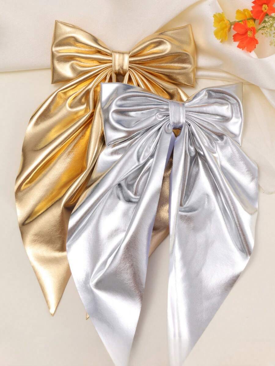 1/2/6pcs Vintage French Elegant Bow Knot Butterfly Clip With Long Ribbon, Gold/Silver Hair Clips, Suitable For Gatherings And Parties - Multicolor - View 1