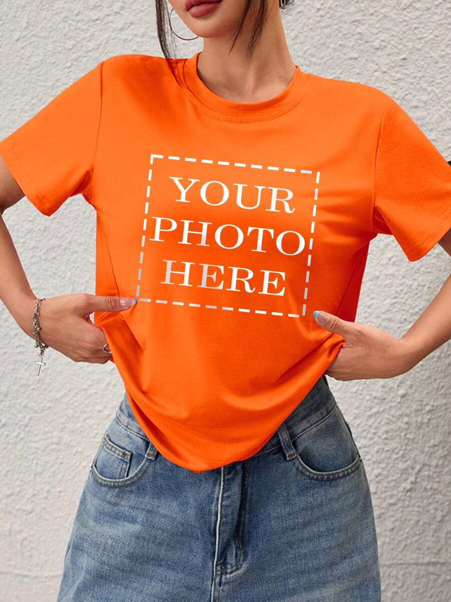 Customized Sports Personalized Gifts, Customized Women's T-Shirts, Add Photos (Selfie/Landscape/Family Portrait/Friends/Couples/Patterns/Pets, Etc.), Design Your Exclusive Personalized Printed T-Shirt As A Gift. - Orange - View 1
