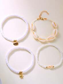 4pcs/Set Bohemian Style Shell, Seashell, Starfish & Bead Anklet Set For Beach Vacation, Suitable For Daily Wear And Gifting - White - View 3